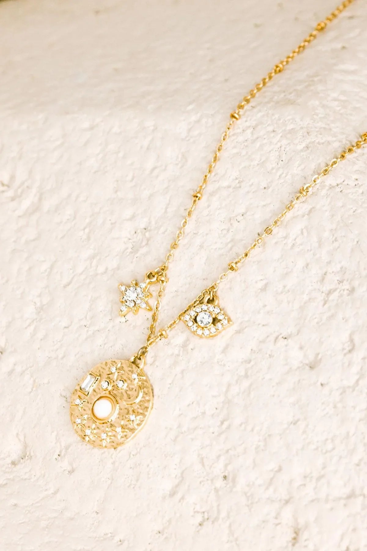 Stunning Gold Moon Star Evil Eye Rhinestone Pendant Necklace