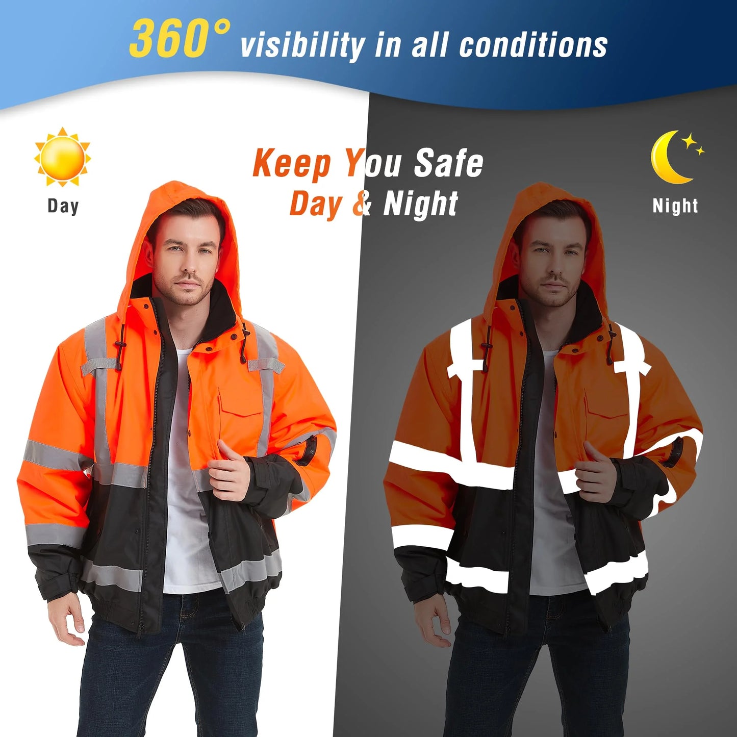 High Visibility Safety Waterproof Bomber Jacket for Women Men, Hi Vis Reflective Winter Construction Jacket, Class 3, Orange, 2X-Large
