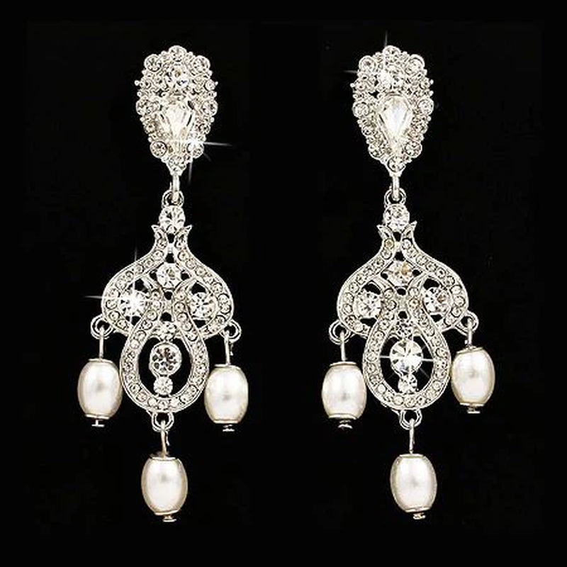 Elegant Vintage Bridal Dangle Earrings with Crystal Rhinestones and Pearls in White