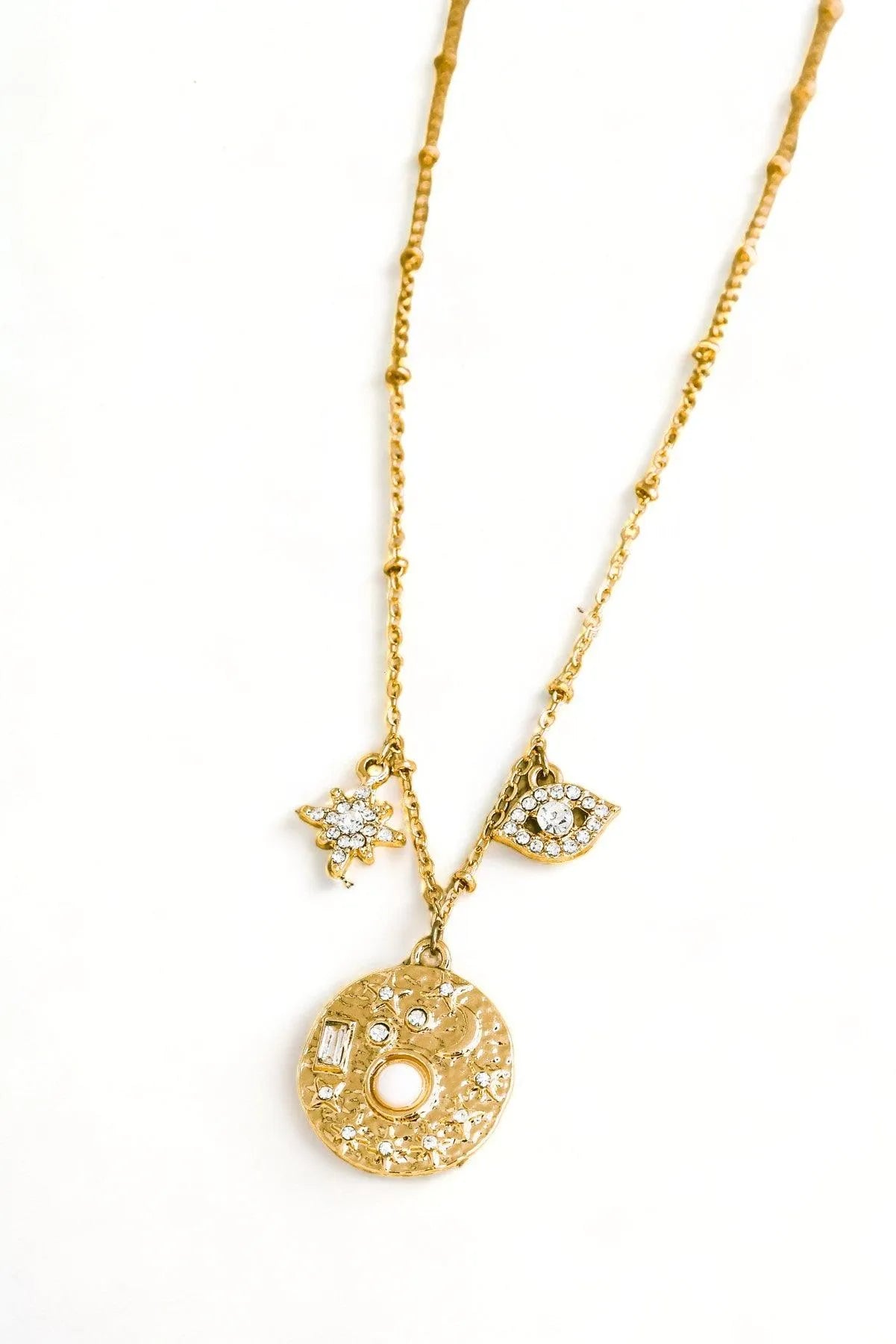 Stunning Gold Moon Star Evil Eye Rhinestone Pendant Necklace