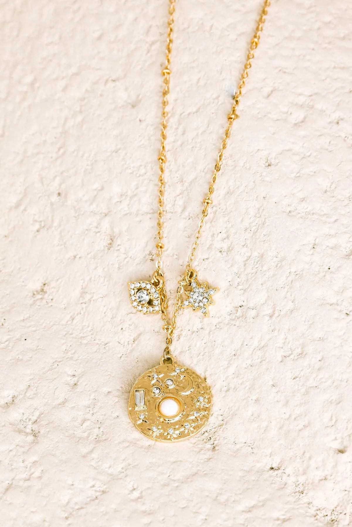 Stunning Gold Moon Star Evil Eye Rhinestone Pendant Necklace