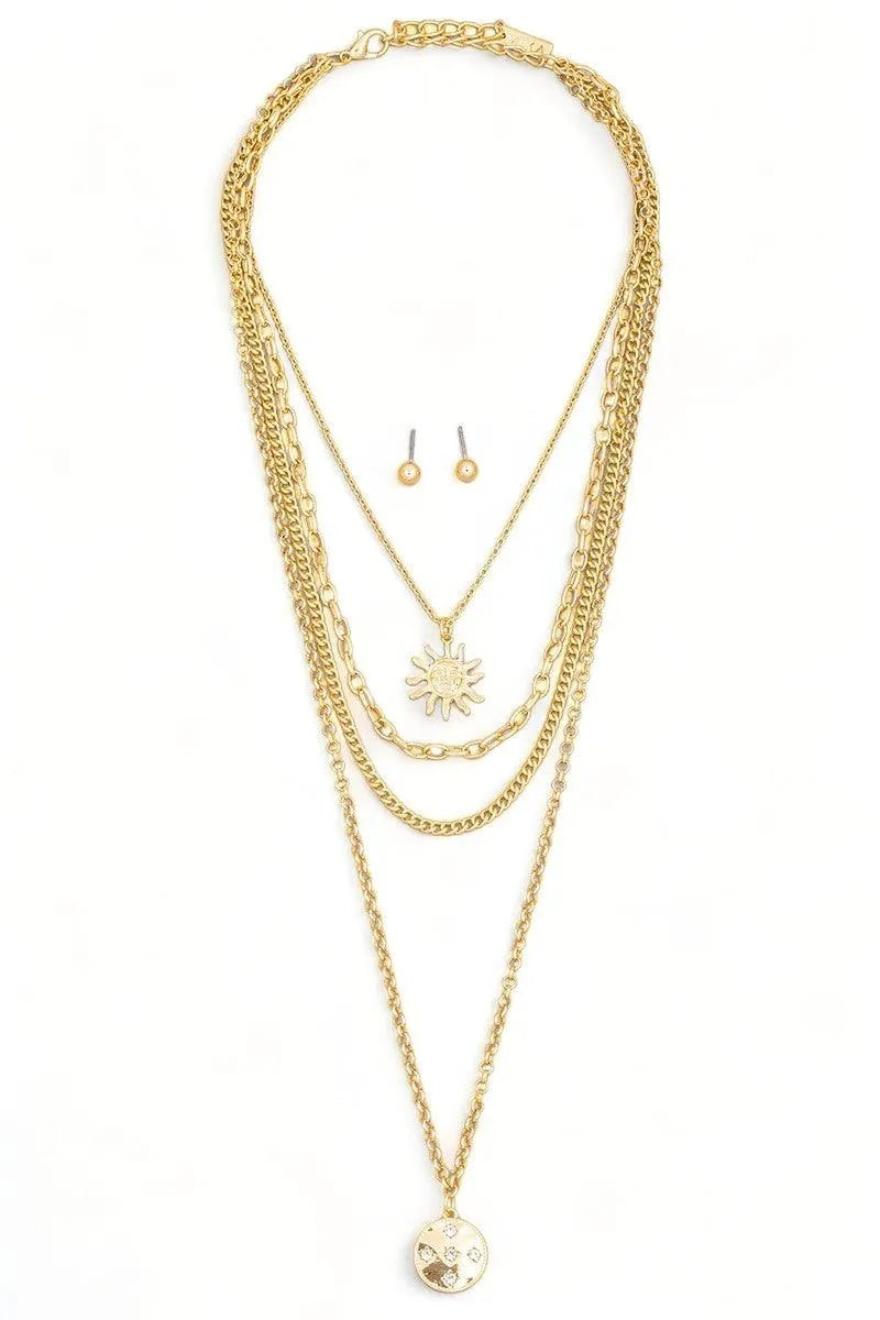 Stunning Layered Chain Sun Pendant Necklace with Matching Ball Earrings Set