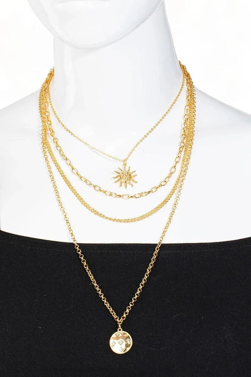 Stunning Layered Chain Sun Pendant Necklace with Matching Ball Earrings Set