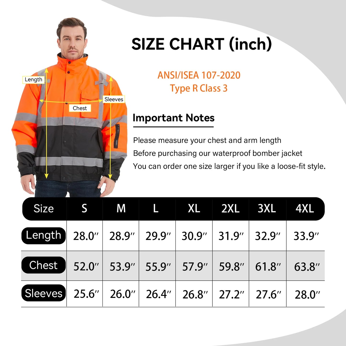 High Visibility Safety Waterproof Bomber Jacket for Women Men, Hi Vis Reflective Winter Construction Jacket, Class 3, Orange, 2X-Large