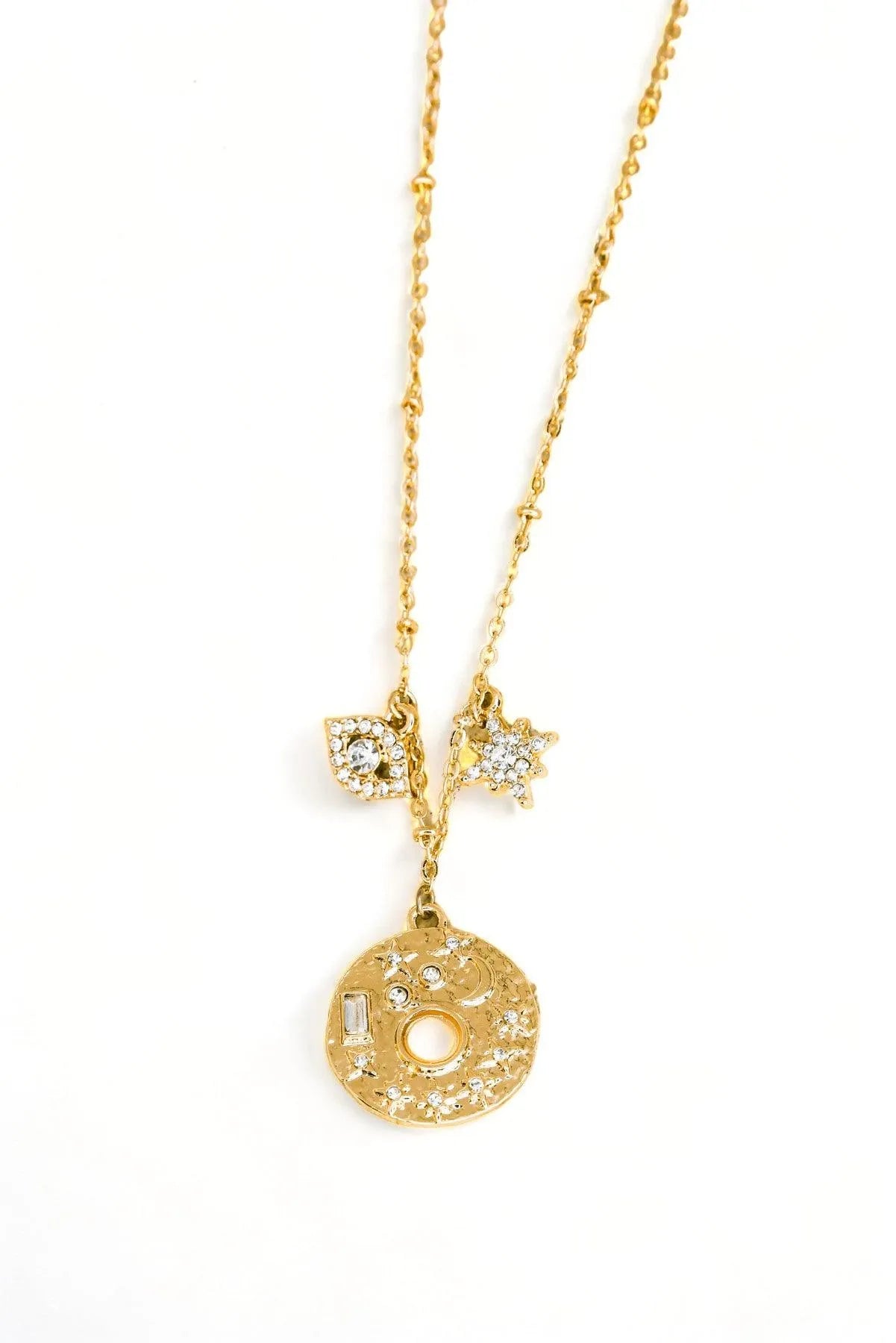 Stunning Gold Moon Star Evil Eye Rhinestone Pendant Necklace