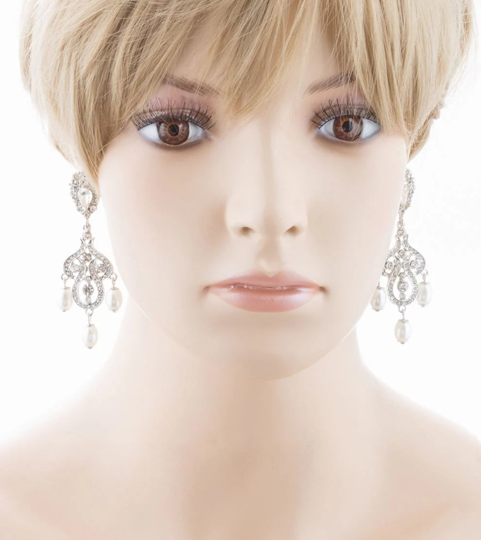 Elegant Vintage Bridal Dangle Earrings with Crystal Rhinestones and Pearls in White