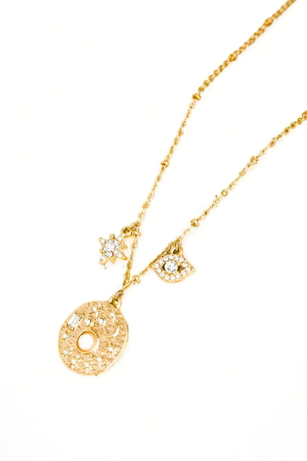 Stunning Gold Moon Star Evil Eye Rhinestone Pendant Necklace