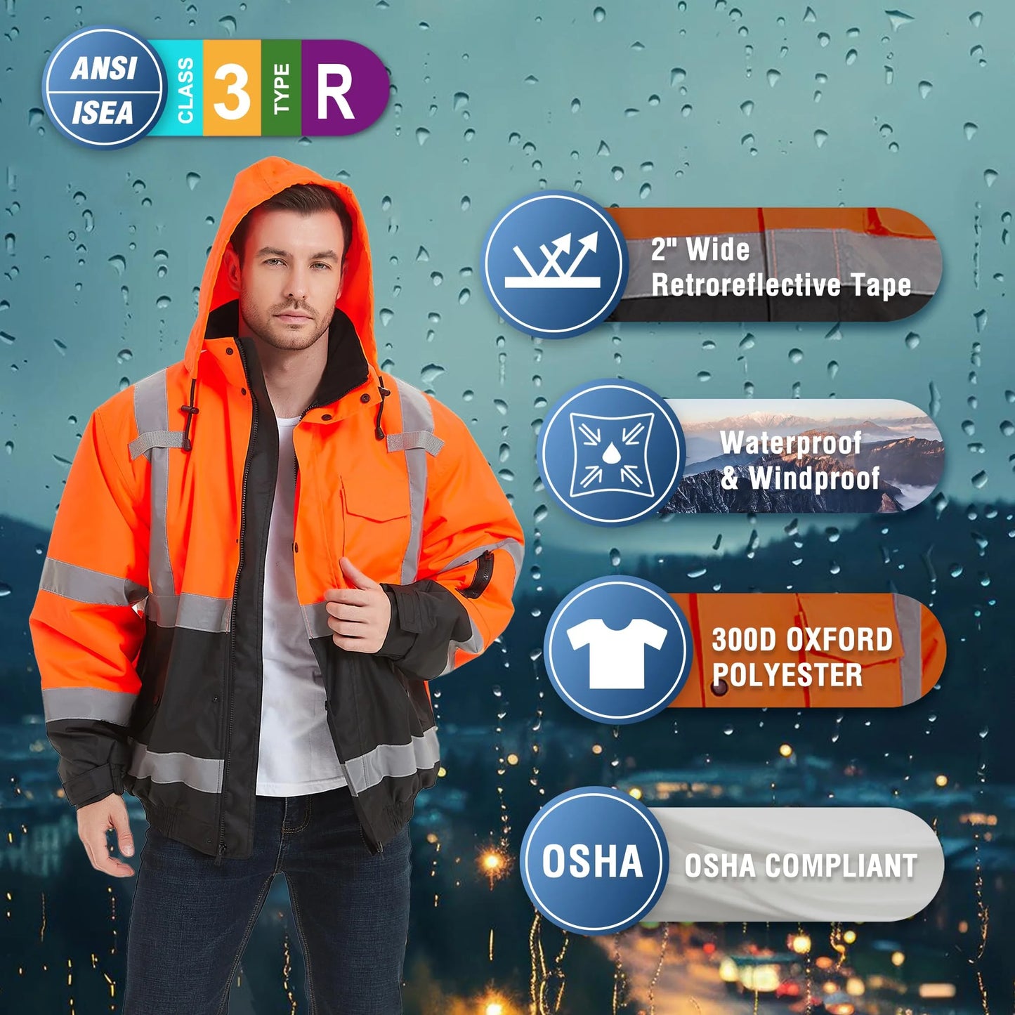 High Visibility Safety Waterproof Bomber Jacket for Women Men, Hi Vis Reflective Winter Construction Jacket, Class 3, Orange, 2X-Large