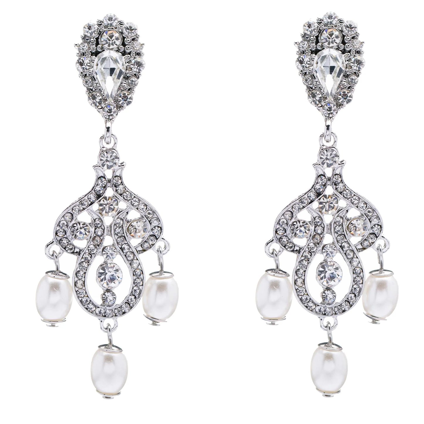 Elegant Vintage Bridal Dangle Earrings with Crystal Rhinestones and Pearls in White