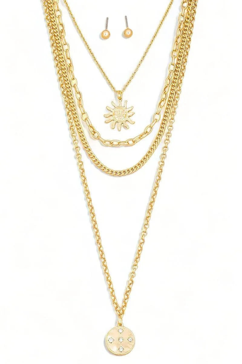 Stunning Layered Chain Sun Pendant Necklace with Matching Ball Earrings Set
