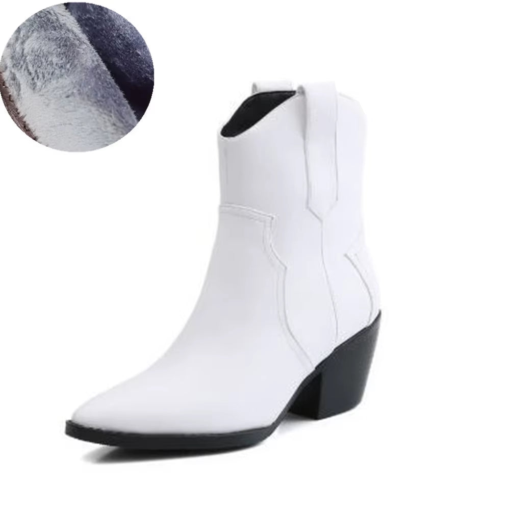 2025 Pointed Toe Western Cowgirl Chelsea Ankle Boots Shoes Women Cossacks Cowboy Boats Wedges Femal Botas Mujer 33-45Black White