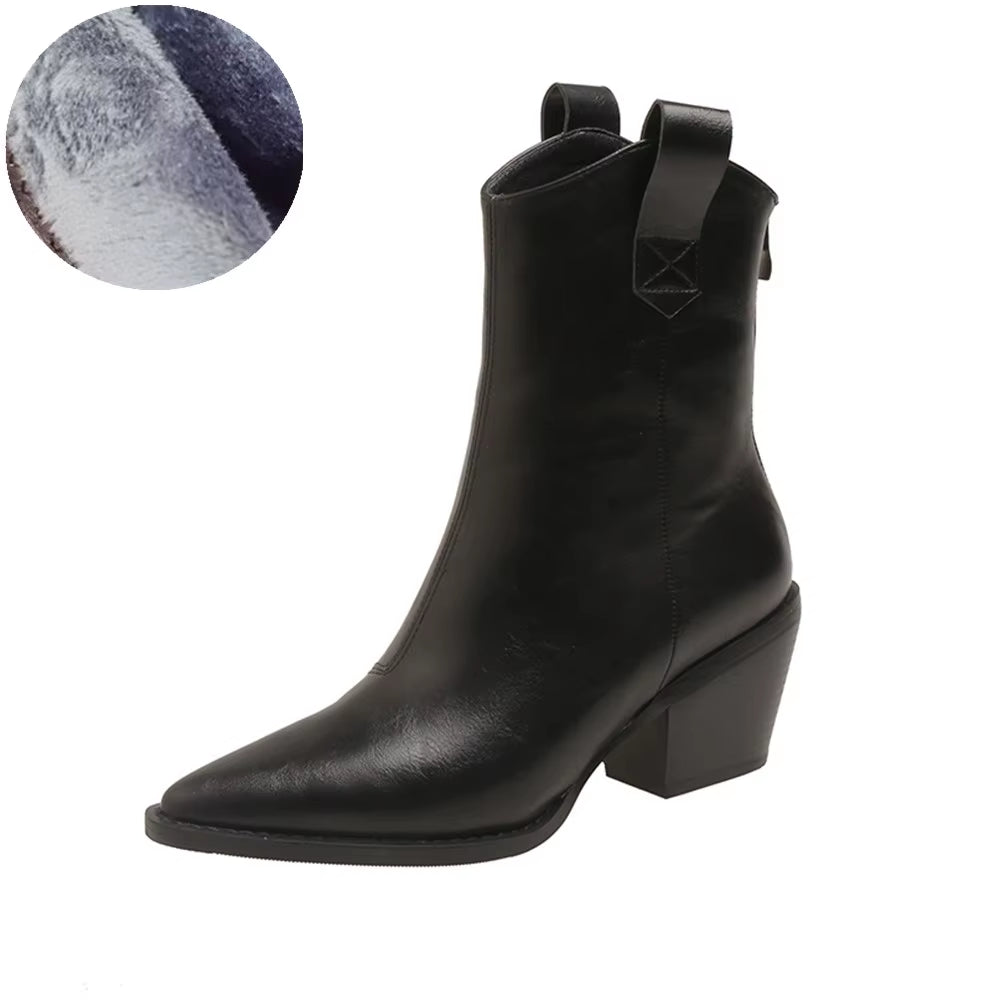 2025 Pointed Toe Western Cowgirl Chelsea Ankle Boots Shoes Women Cossacks Cowboy Boats Wedges Femal Botas Mujer 33-45Black White