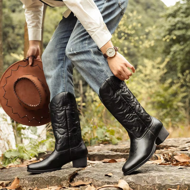Cowboy Boots Brown Faux Leather Shoes Retro Men Boots Embroidered Western Big Size 46 47 48 Ethnic Boots Motorcycle Boots