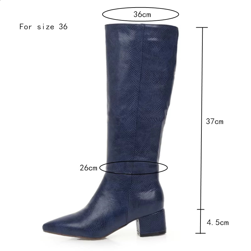 Western Cowboy Boots for Women Winter Snake Leather Long Knee High Boot Pointed Low Heels Footwear Shoes Female Large Size 45