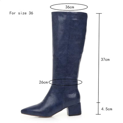 Western Cowboy Boots for Women Winter Snake Leather Long Knee High Boot Pointed Low Heels Footwear Shoes Female Large Size 45