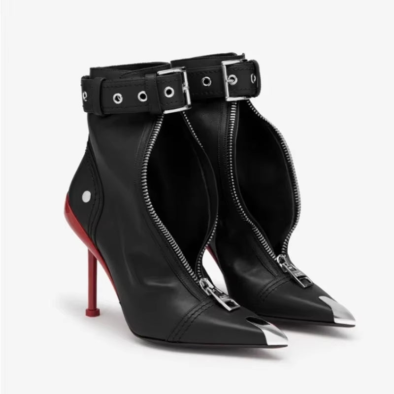 Belt Buckle Front Zipper Fashion Show Short Boots Women'S Autumn Winter New Pointed Metal Decoration Red High Heels Ankle Boots