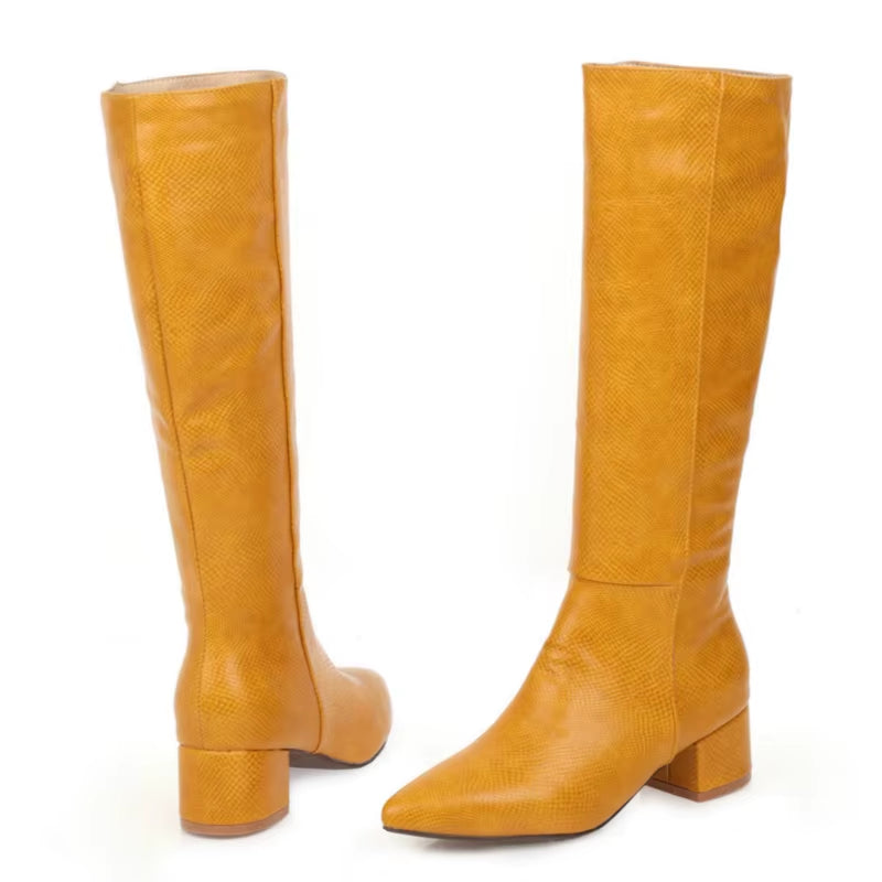Western Cowboy Boots for Women Winter Snake Leather Long Knee High Boot Pointed Low Heels Footwear Shoes Female Large Size 45