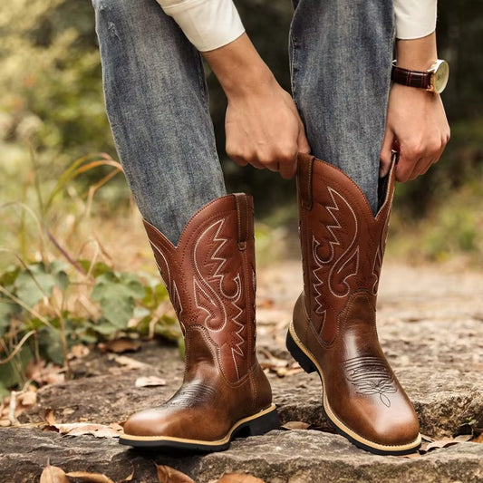 Cowboy Boots Brown Faux Leather Shoes Retro Men Boots Embroidered Western Big Size 46 47 48 Ethnic Boots Motorcycle Boots