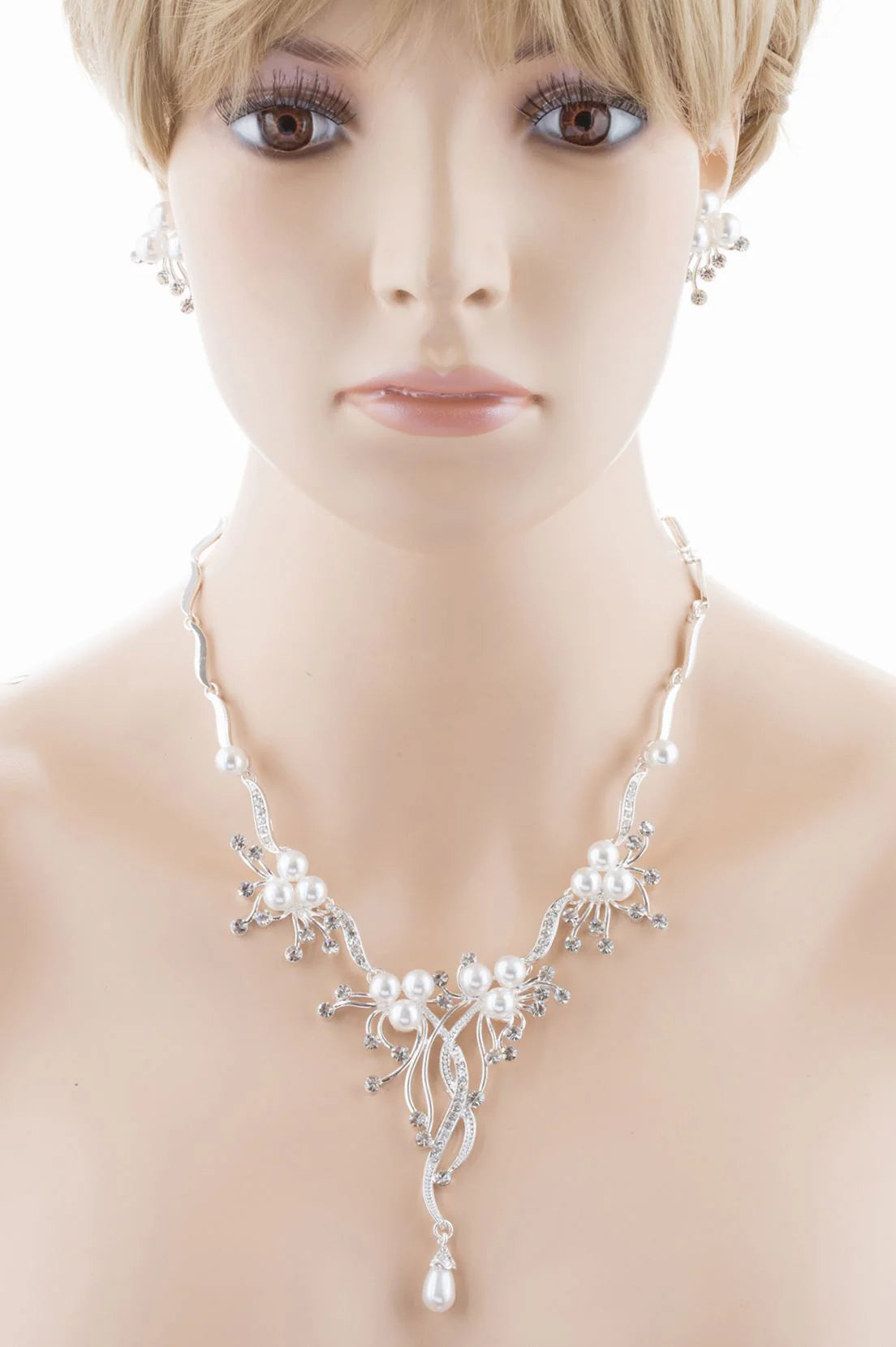 Bridal Wedding Jewelry Set Crystal Rhinestone Pearl Floral Vine Design Necklace