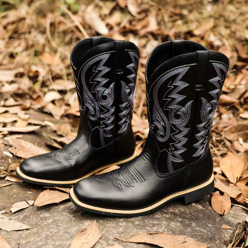 Cowboy Boots Brown Faux Leather Shoes Retro Men Boots Embroidered Western Big Size 46 47 48 Ethnic Boots Motorcycle Boots