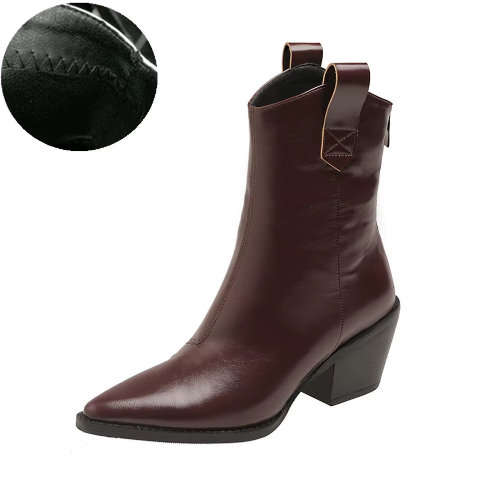 2025 Pointed Toe Western Cowgirl Chelsea Ankle Boots Shoes Women Cossacks Cowboy Boats Wedges Femal Botas Mujer 33-45Black White