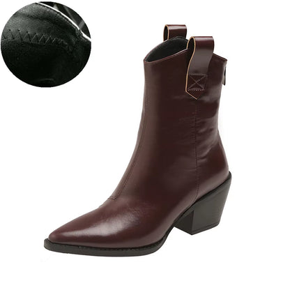 2025 Pointed Toe Western Cowgirl Chelsea Ankle Boots Shoes Women Cossacks Cowboy Boats Wedges Femal Botas Mujer 33-45Black White