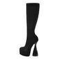 Women Platform Knee High Boots Black Flock High Elastic Spike Heels Side Zipper Lady Big Size Fashion Boots