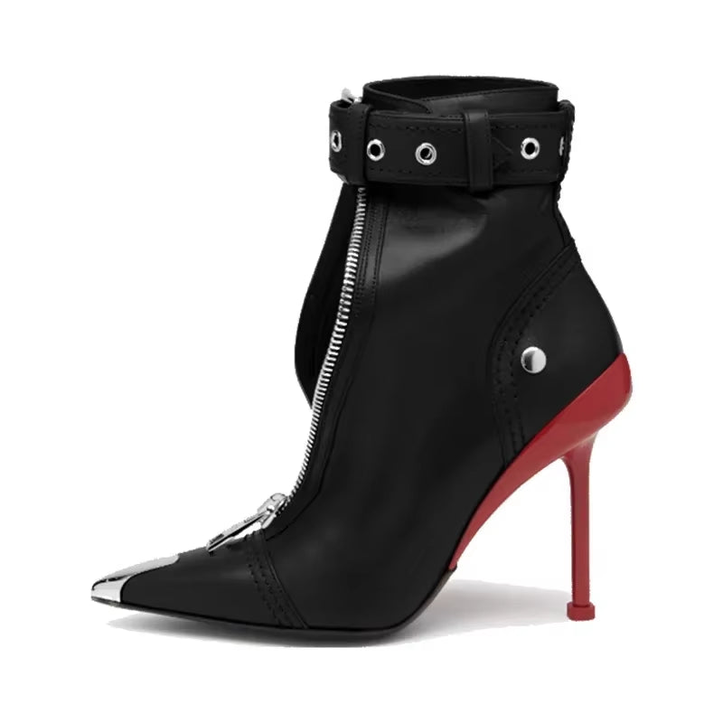 Belt Buckle Front Zipper Fashion Show Short Boots Women'S Autumn Winter New Pointed Metal Decoration Red High Heels Ankle Boots