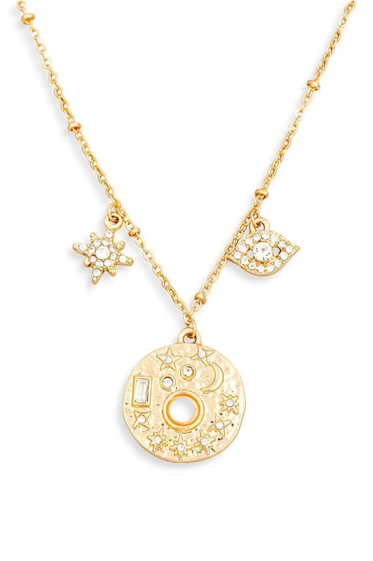 Stunning Gold Moon Star Evil Eye Rhinestone Pendant Necklace