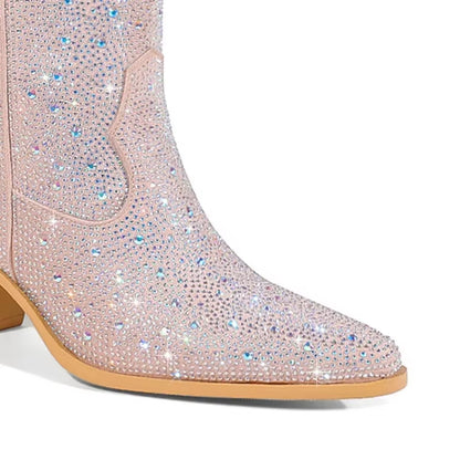 2023 Embroidered Rivet Knee Boots 44 Rhinestone Pointy Women Boots Leather Car Stitching Chelsea Boot Fashion Show Shiny Boots