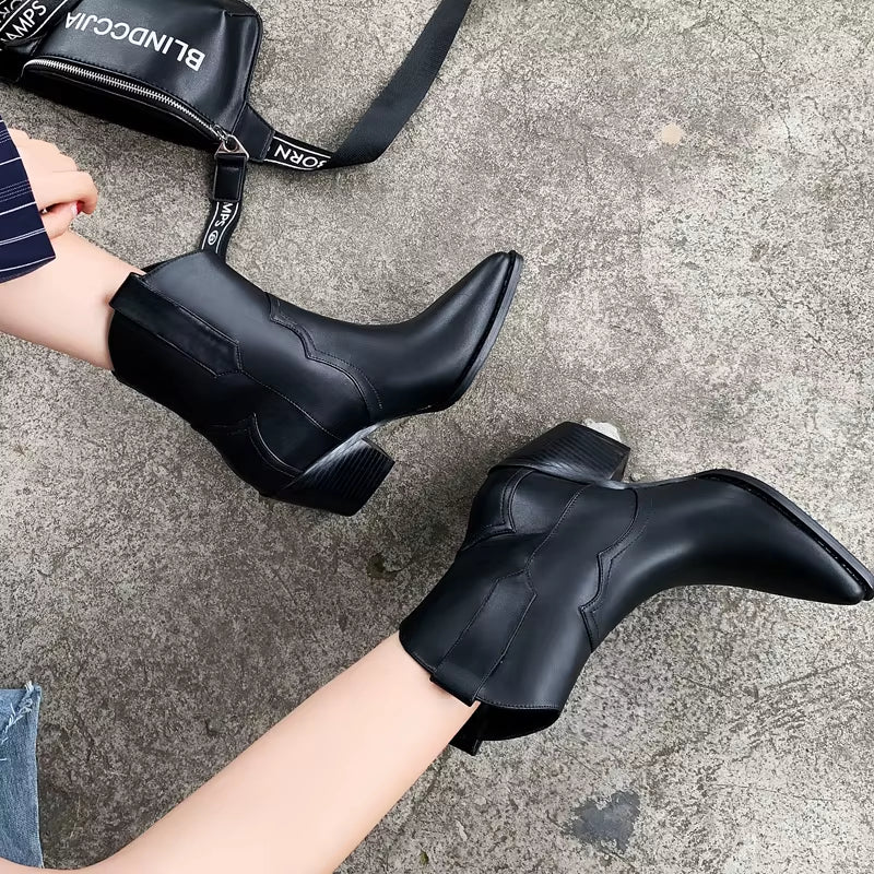 2025 Pointed Toe Western Cowgirl Chelsea Ankle Boots Shoes Women Cossacks Cowboy Boats Wedges Femal Botas Mujer 33-45Black White