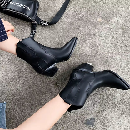 2025 Pointed Toe Western Cowgirl Chelsea Ankle Boots Shoes Women Cossacks Cowboy Boats Wedges Femal Botas Mujer 33-45Black White