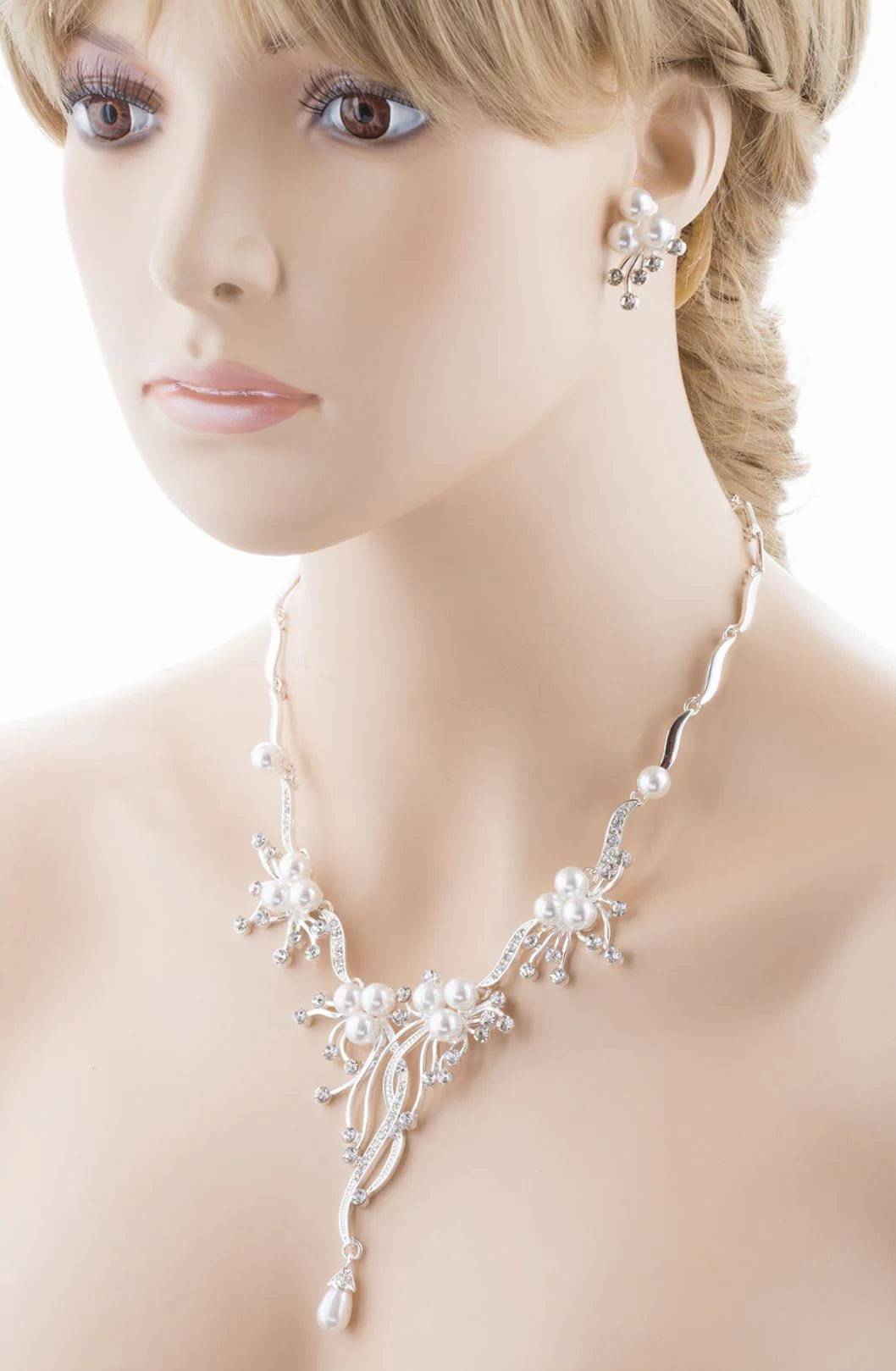 Bridal Wedding Jewelry Set Crystal Rhinestone Pearl Floral Vine Design Necklace