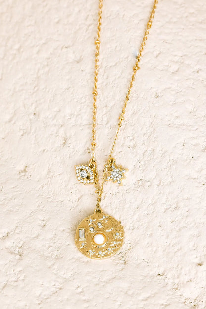 Stunning Gold Moon Star Evil Eye Rhinestone Pendant Necklace
