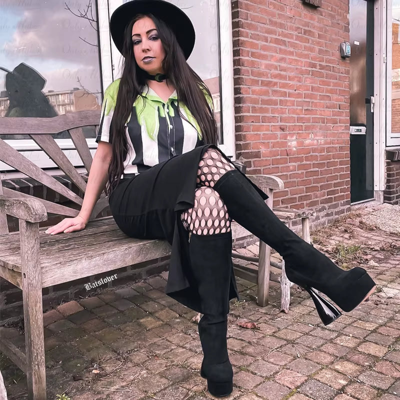 Women Platform Knee High Boots Black Flock High Elastic Spike Heels Side Zipper Lady Big Size Fashion Boots