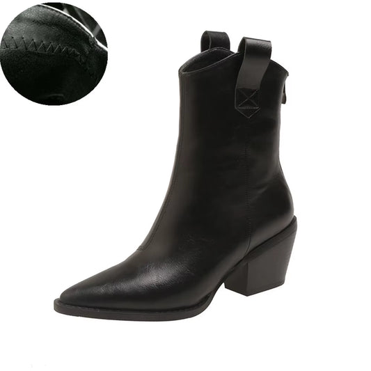 2025 Pointed Toe Western Cowgirl Chelsea Ankle Boots Shoes Women Cossacks Cowboy Boats Wedges Femal Botas Mujer 33-45Black White