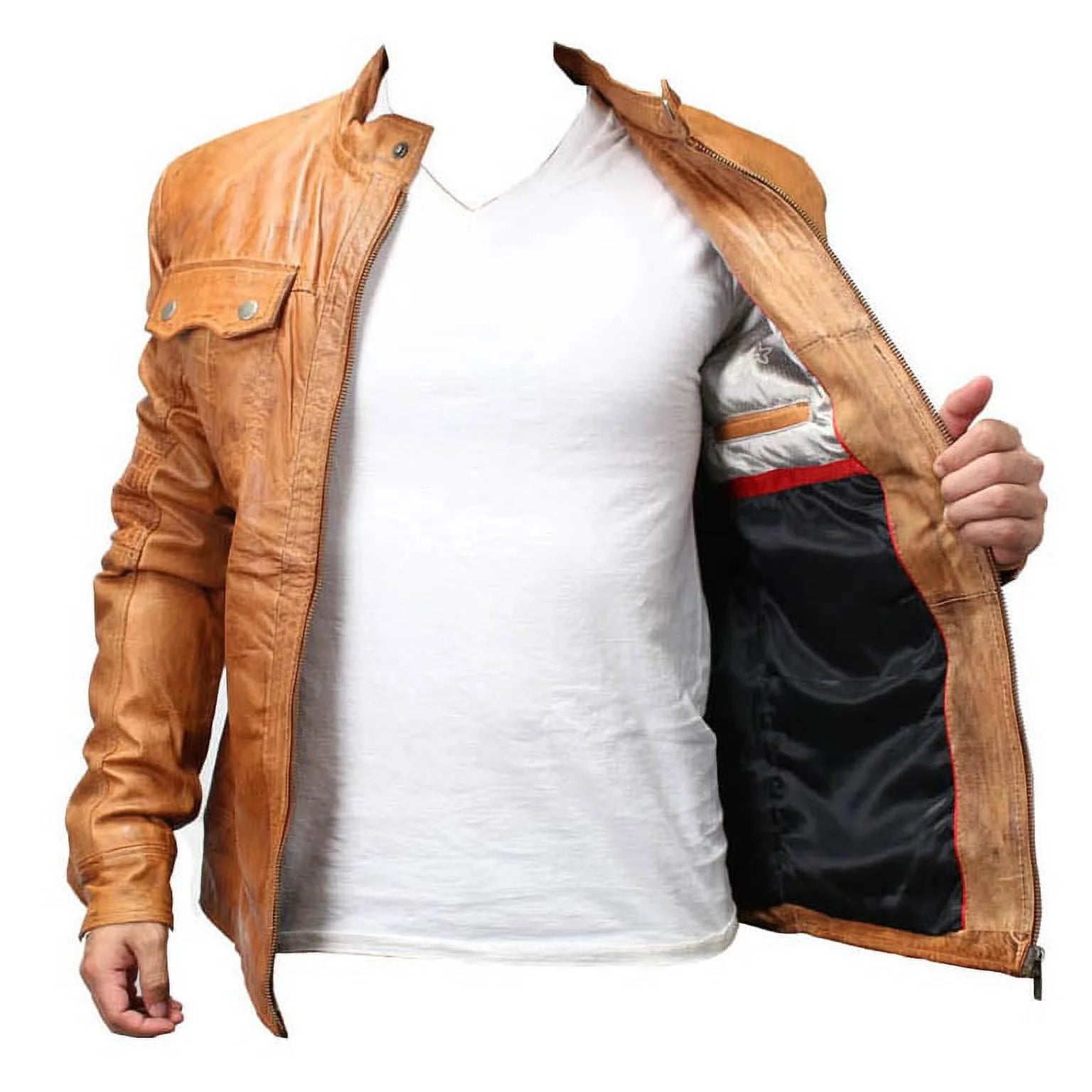 9637-XL New Mens Genuine Sheep Skin Leather Fashion Jacket 2 Buttoned Chest Pocket - Brown, Extra Large