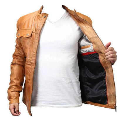 9637-XL New Mens Genuine Sheep Skin Leather Fashion Jacket 2 Buttoned Chest Pocket - Brown, Extra Large