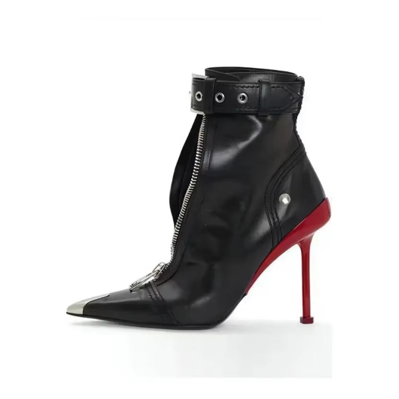 Belt Buckle Front Zipper Fashion Show Short Boots Women'S Autumn Winter New Pointed Metal Decoration Red High Heels Ankle Boots