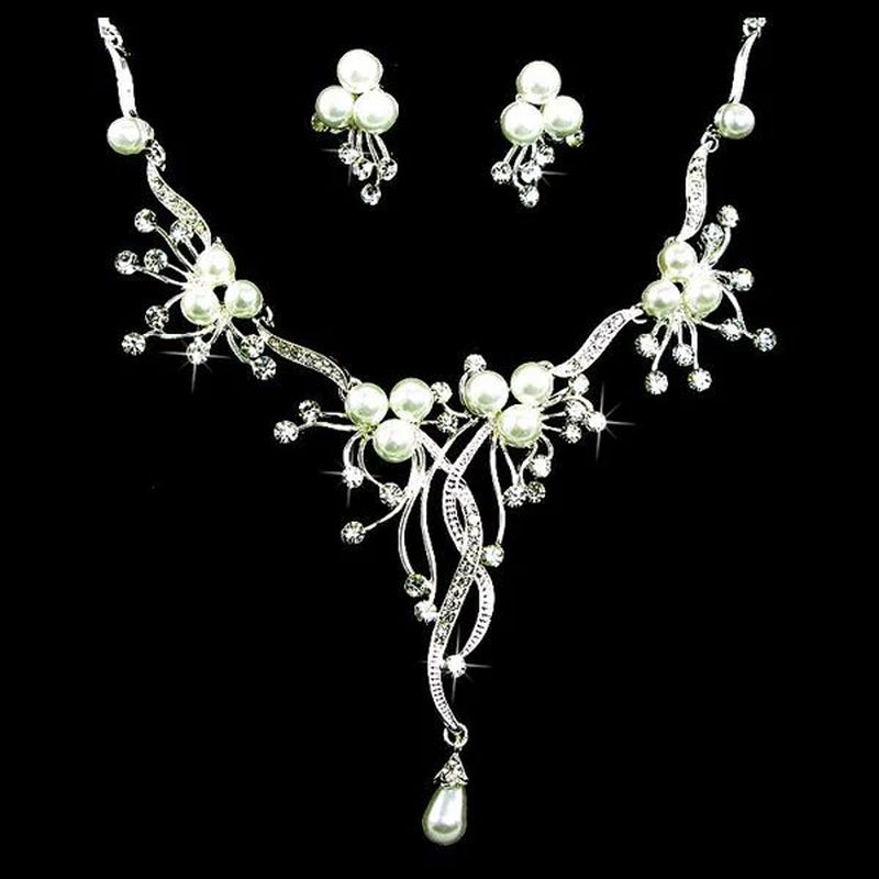 Bridal Wedding Jewelry Set Crystal Rhinestone Pearl Floral Vine Design Necklace