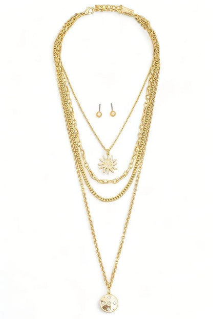 Stunning Layered Chain Sun Pendant Necklace with Matching Ball Earrings Set