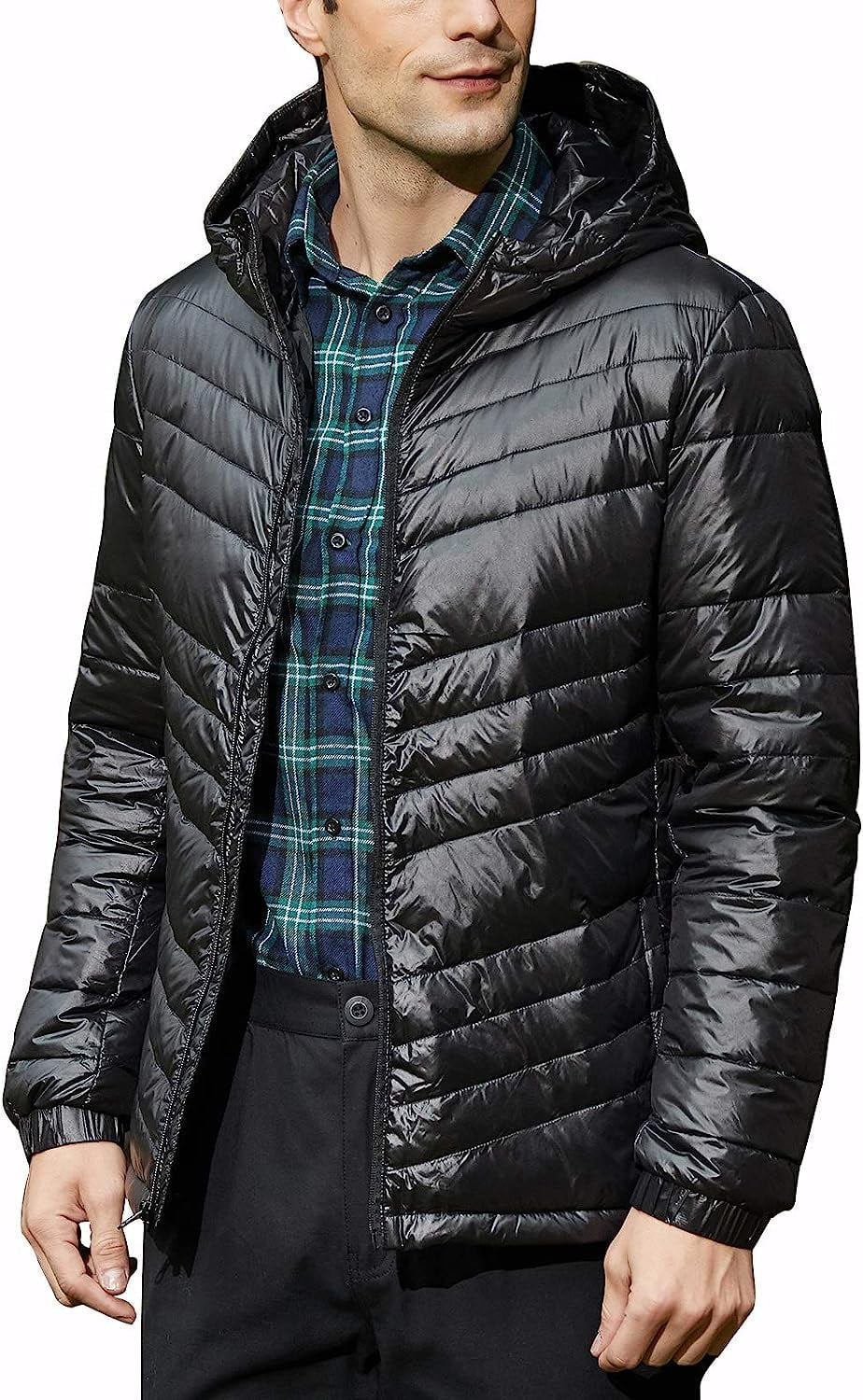 Men'S Packable Insulated Warm Hooded Puffer Long Sleeve down Jacket Winter Coat, Black-L
