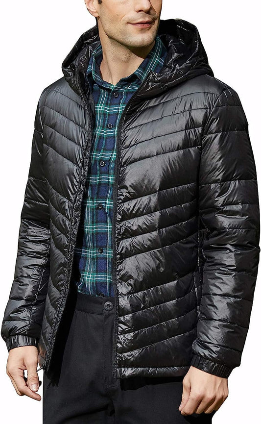 Men'S Packable Insulated Warm Hooded Puffer Long Sleeve down Jacket Winter Coat, Black-L