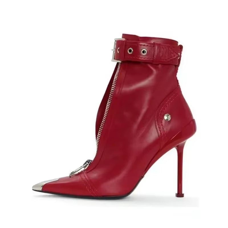 Belt Buckle Front Zipper Fashion Show Short Boots Women'S Autumn Winter New Pointed Metal Decoration Red High Heels Ankle Boots