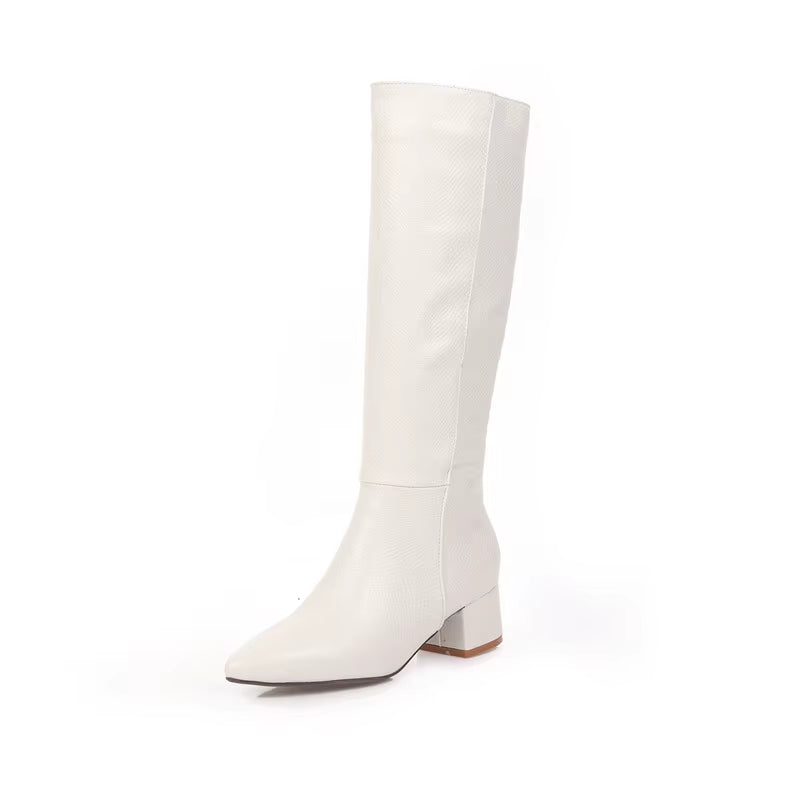 Western Cowboy Boots for Women Winter Snake Leather Long Knee High Boot Pointed Low Heels Footwear Shoes Female Large Size 45