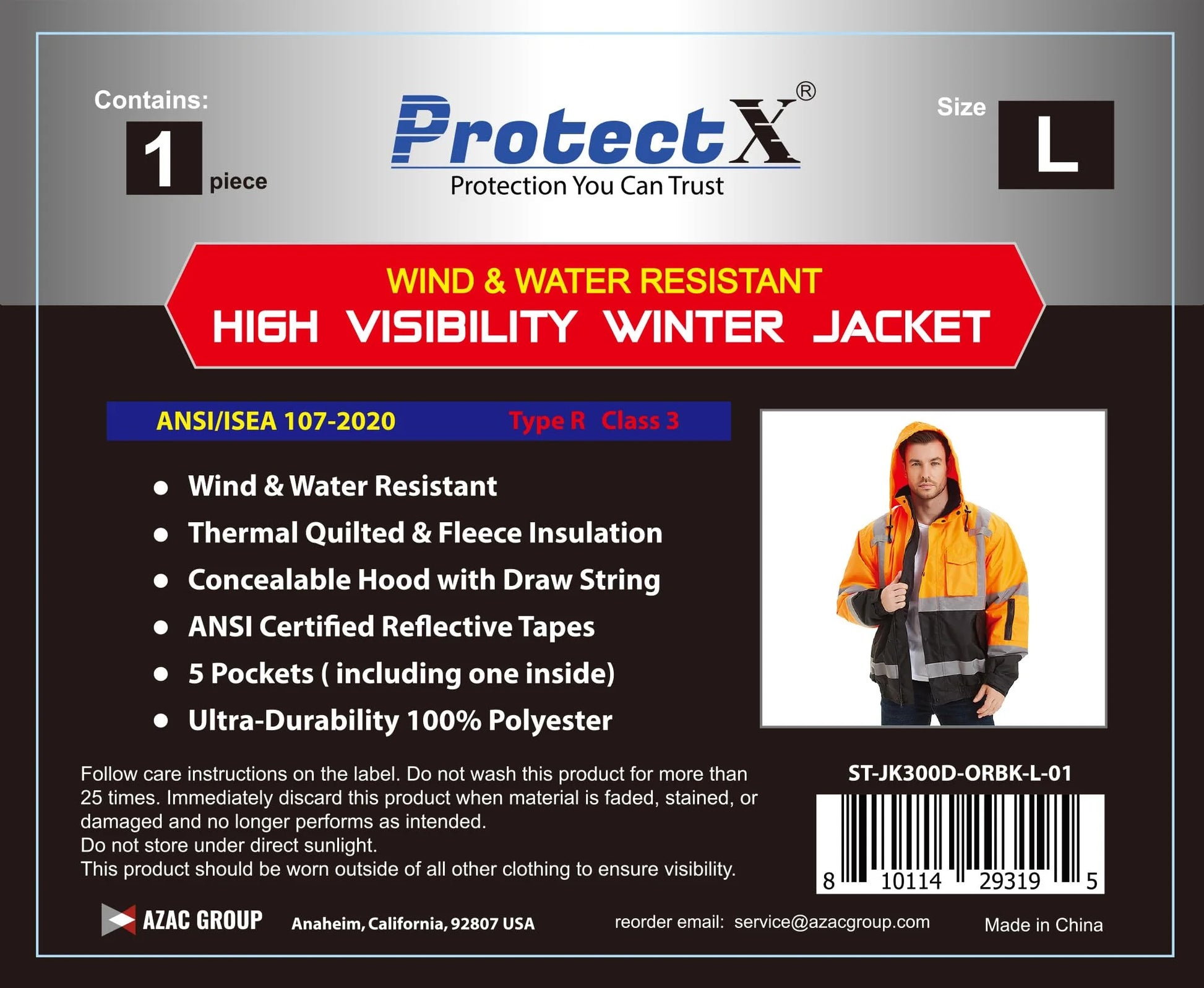 High Visibility Safety Waterproof Bomber Jacket for Women Men, Hi Vis Reflective Winter Construction Jacket, Class 3, Orange, 2X-Large