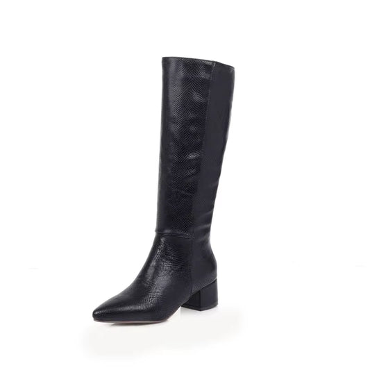 Western Cowboy Boots for Women Winter Snake Leather Long Knee High Boot Pointed Low Heels Footwear Shoes Female Large Size 45