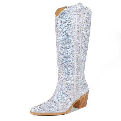 2023 Embroidered Rivet Knee Boots 44 Rhinestone Pointy Women Boots Leather Car Stitching Chelsea Boot Fashion Show Shiny Boots