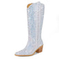 2023 Embroidered Rivet Knee Boots 44 Rhinestone Pointy Women Boots Leather Car Stitching Chelsea Boot Fashion Show Shiny Boots