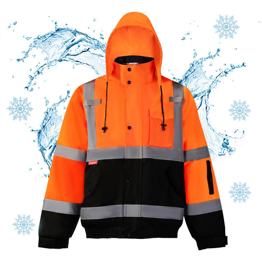 High Visibility Safety Waterproof Bomber Jacket for Women Men, Hi Vis Reflective Winter Construction Jacket, Class 3, Orange, 2X-Large